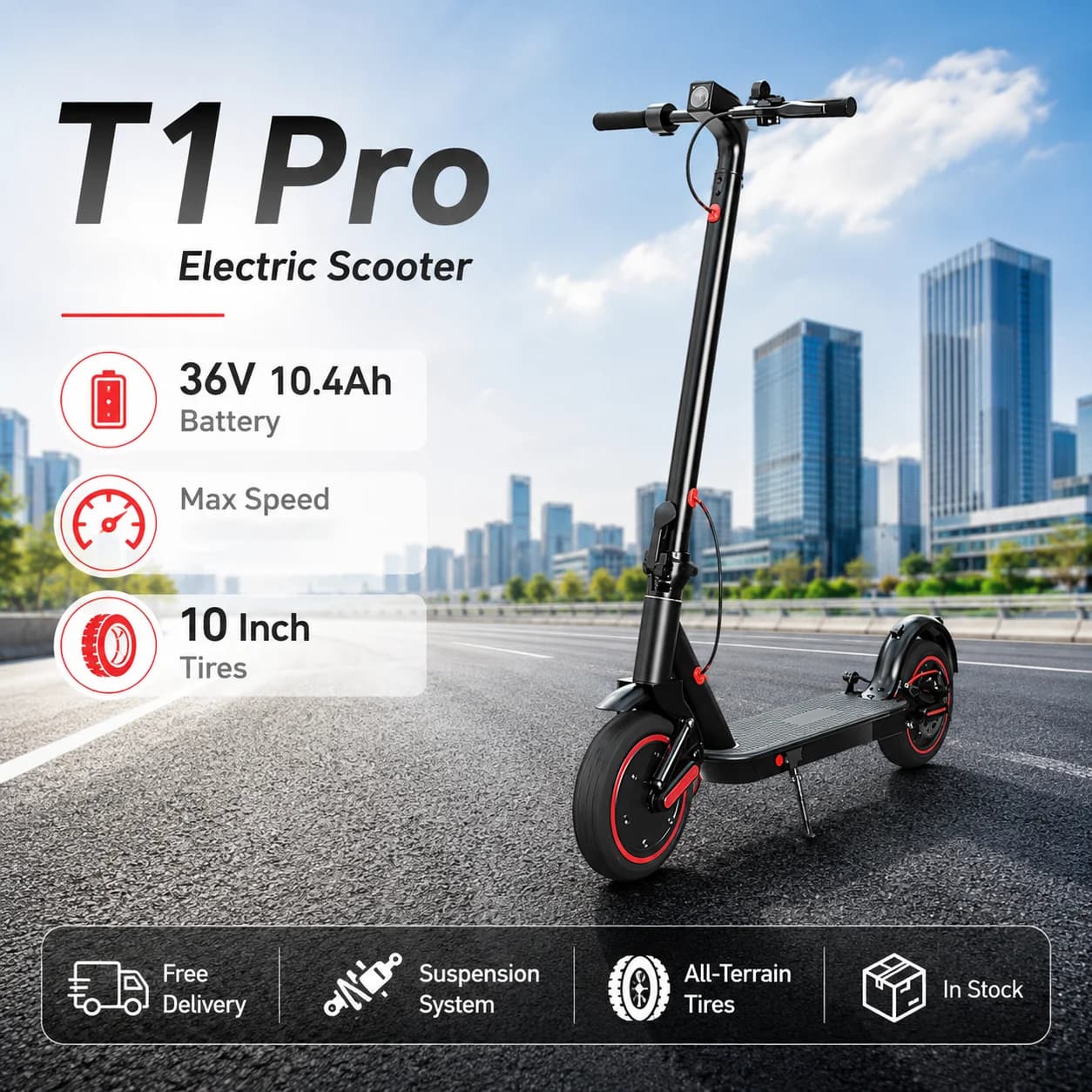 Portable Foldable T1 Pro Adult City E-Scooter,  Drive Motor, 36V 10.4Ah Long-Lasting Battery Pack, 30km Riding Range, 10'' Wear Resistant Tubeless Tire, Practical Scooter for Everyday Urban Travel