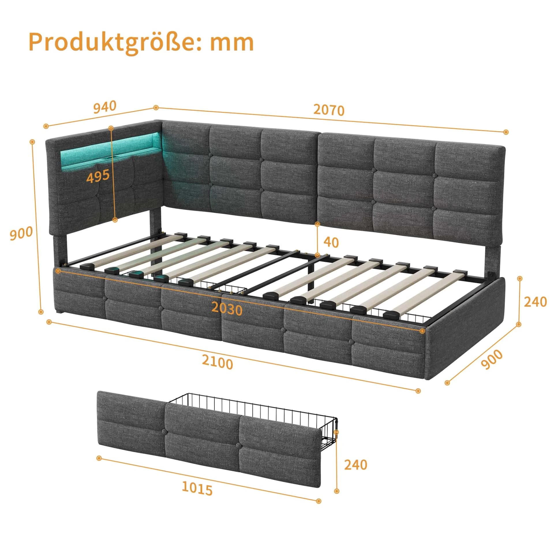 Upholstered Sofa Bed 140 X200 cm with LED Lighting  Youth Bed Day Bed with Storage Space & 2 Drawers, Guest Bed Frame with Slatted Frame, Linen