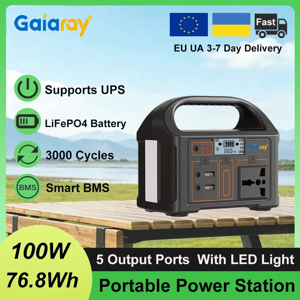 Gaiaray 100W Power Station Solar Generator UPS 76.8Wh LiFePO4 Battery 3000+ Cycle Portable Mobile Power Bank LED Light For Outdoor Camping Emergency Power Supply