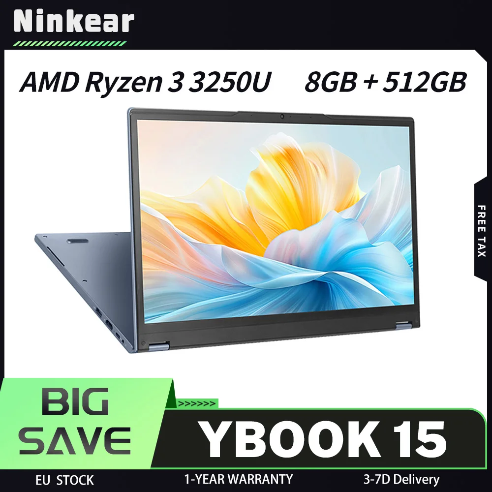Ninkear YBOOK 15 Laptop, 15.6 inch 1920×1080 FHD IPS Touchscreen with 4 Flexible Modes, AMD Ryzen 3 3250U, 8GB DDR4 RAM 512GB SSD, 360° Convertible, WiFi 5 Bluetooth 5.0, 5000mAh Battery, 1*Type-C, 1*