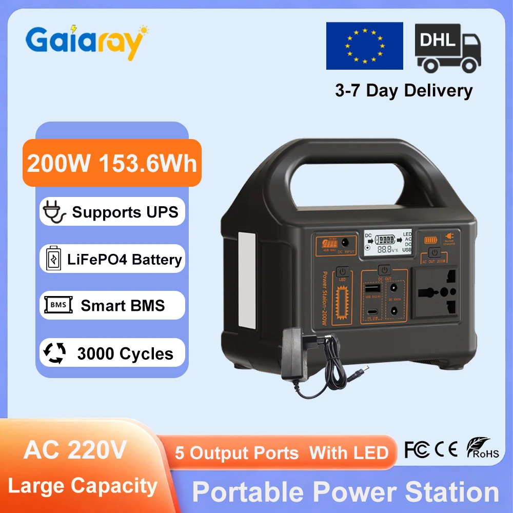 Gaiaray Portable Power Station 200W 153.6Wh LiFePO4 Battery Charging Station Solar Generator Emergency Power Bank for Camping RV