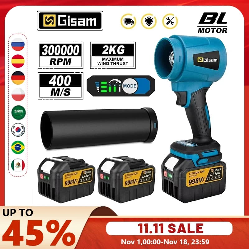 Gisam 300000RPM Brushless Electric Turbo Blowers Jet Fan 400M/S Handheld Leaf Blower Dust Blowing for Makita 18V Battery Pins