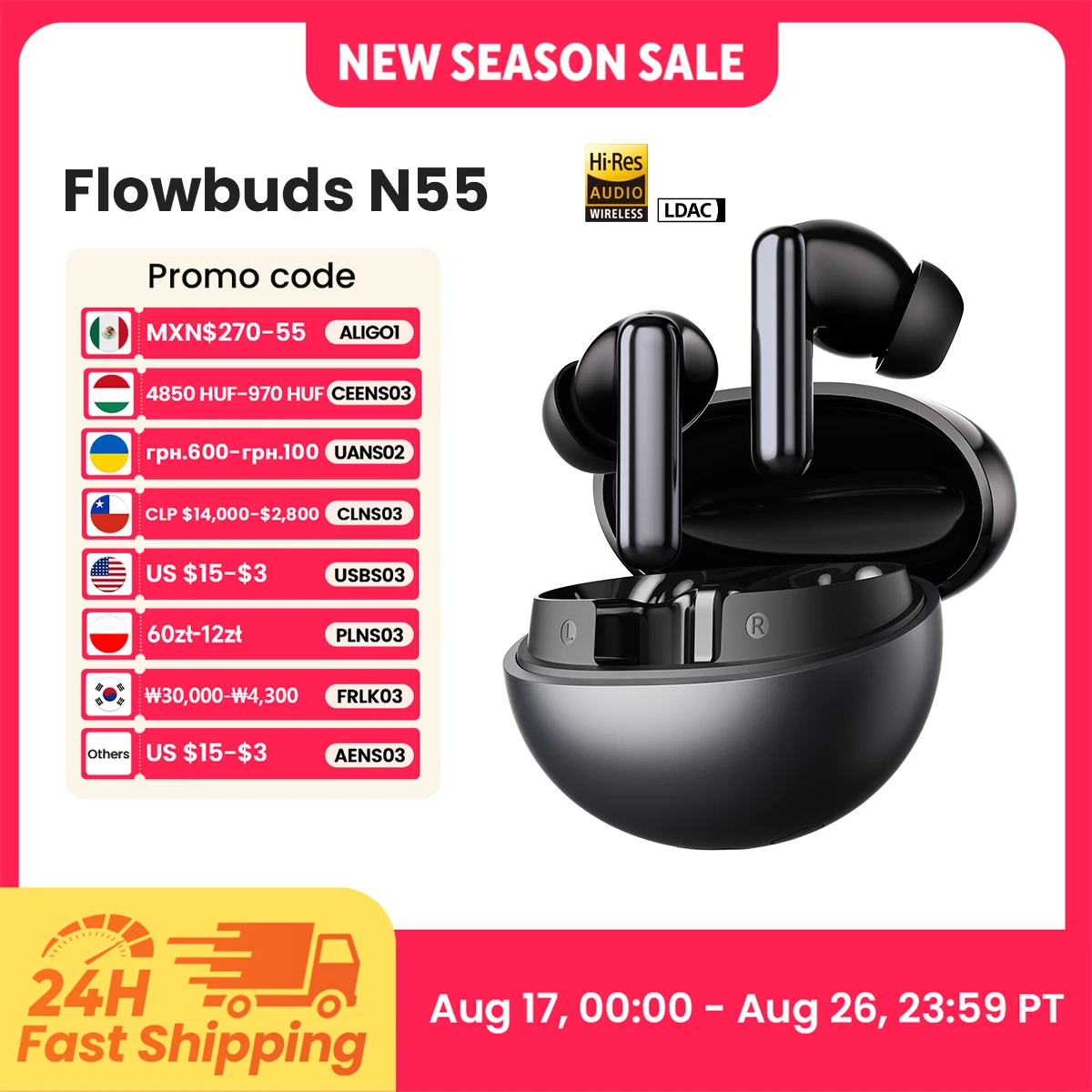 HAYLOU Flowbuds N55 Wireless Earbuds 54dB Adaptive ANC Bluetooth 6.0 LDAC Hi-Res Audio 6-Mic HD Call Earphones 40H Playback IPX5