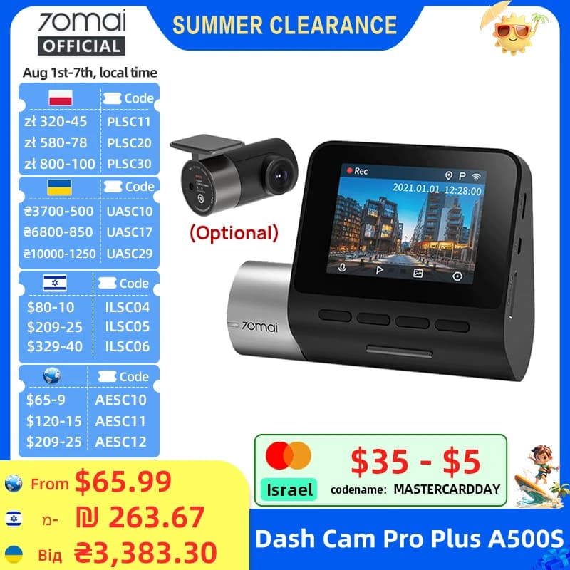 70mai Dash Cam Pro Plus A500S 1944P ADAS GPS Camera 70mai Front Cam A500S 140FOV Car DVR 24H Parking Support Rear Interior Cam