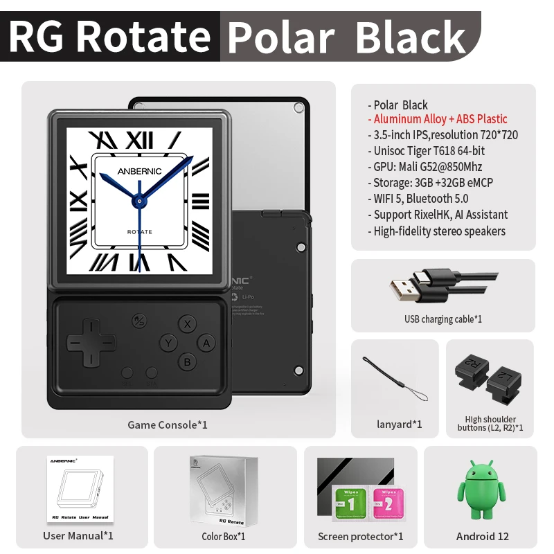 Anbernic RG Rotate Retro Handheld Game Console 3.5" IPS 720*720 Rotating Screen Android 2000mAh Portable Games Player AI WIFI