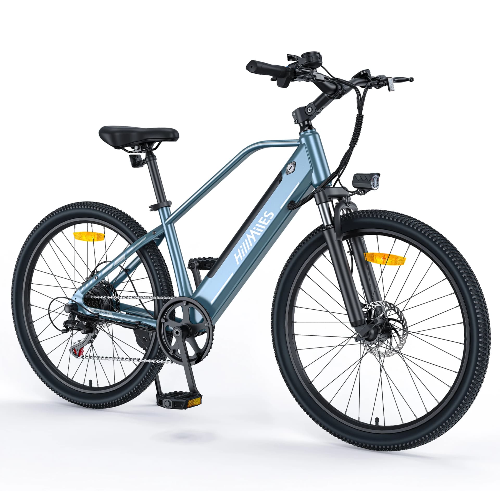 HillMiles MileTrail Electric Mountain Bike, 250W, 36V 13Ah Battery, 25km/h, Front Suspension, 7-Speed, Mechanical Disc Brakes