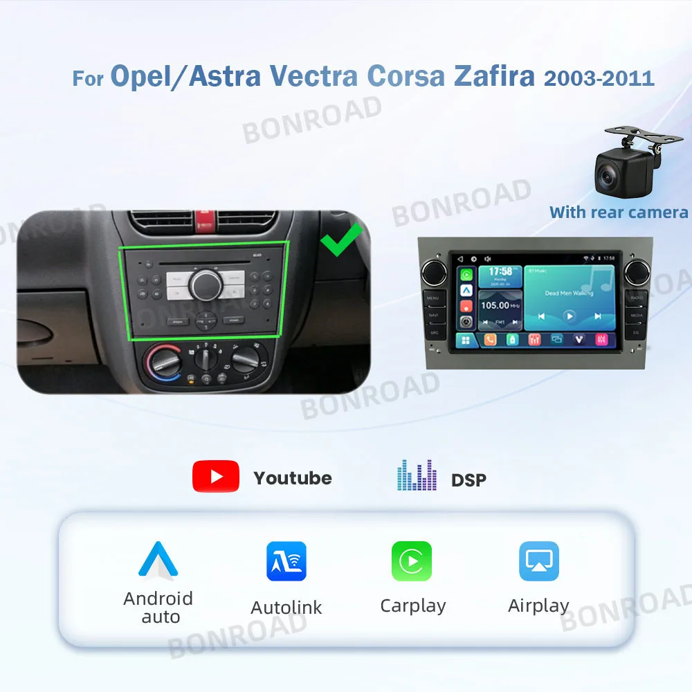 BONROAD For Opel Astra H J Vectra C Vauxhall Antara Cosa C D Zafira Vivaro Combo Meriva Veda 7inch Wireless Carplay Car Radio Android Auto RDS GPS Navigation DSP AutoLink Airplay