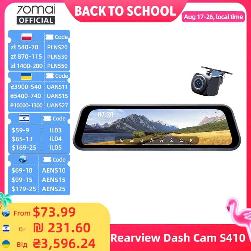 70mai Rearview Dash Cam S410 9.35" Mirror Display Front 2K Rear 1080P F1.55 Aperture Supercapacitor 24/7 Protection 70mai S410