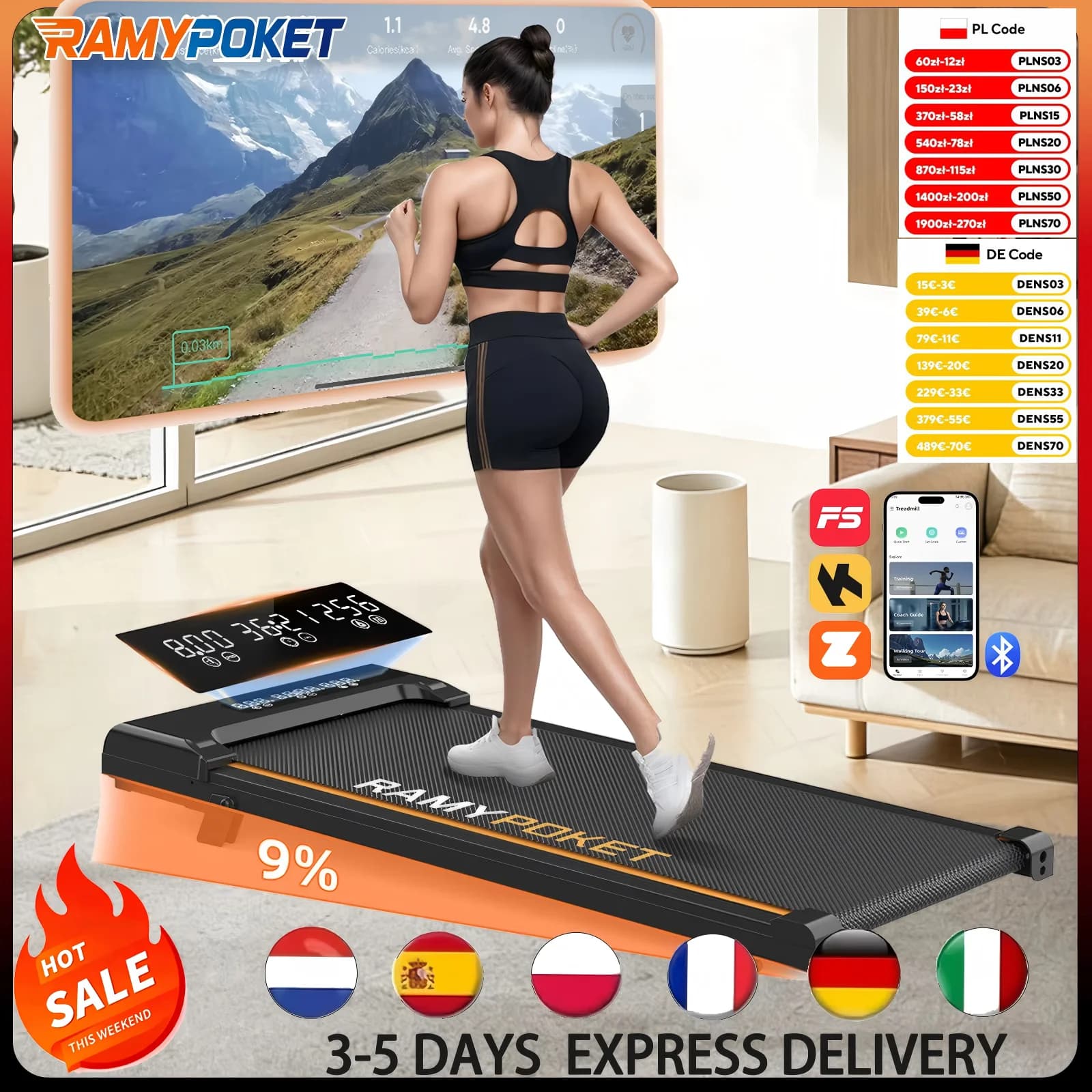 Electric Treadmill Home with 9% Incline,Silent Treadmill App/Led ,1-8Km/H,Max Load 130kg Walking Pad Tread
