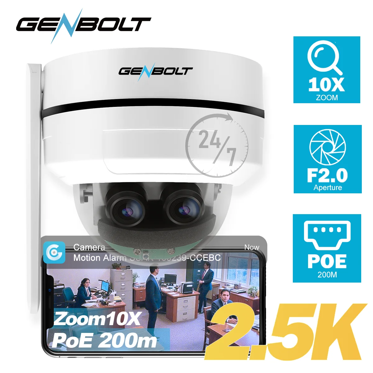 2.5K Security Camera WiFi Outdoor PTZ 10X Zoom Dual Lens Auto Tracking IK10 IP66 Waterproof DC/PoE for Home Villa GENBOLT