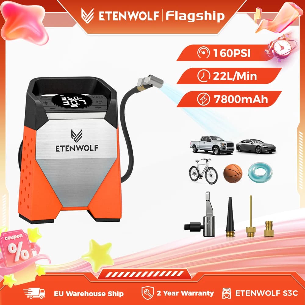ETENWOLF S3C Cordless Air Compressor 7800mAh Car Tire Inflator 160 PSI 100% Duty Cycle for Cars, Motorcycles, Bicycles Balls