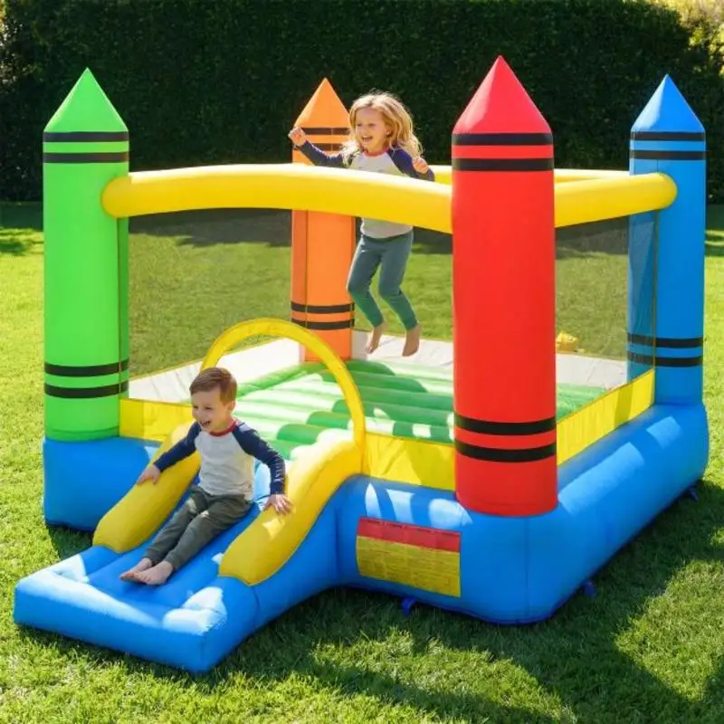 2-in-1 Inflatable Castle, Crayon Theme, with Slide, Large Jumping Surface, Indoor/Outdoor Inflatable Castle, Play Area