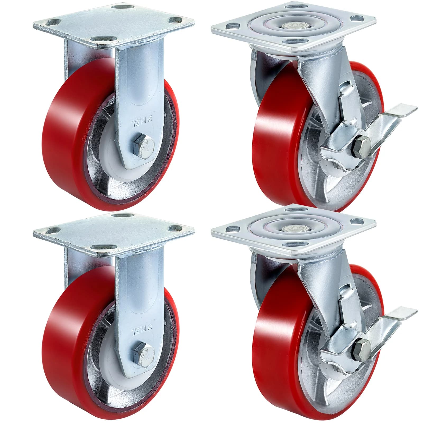 SucceBuy 4 Pack 6 x 2in Caster Wheels 1000LBS 2 Rigid & 2 Swivel Casters with Side Brake Polyurethane Iron Core Plate for Dolly