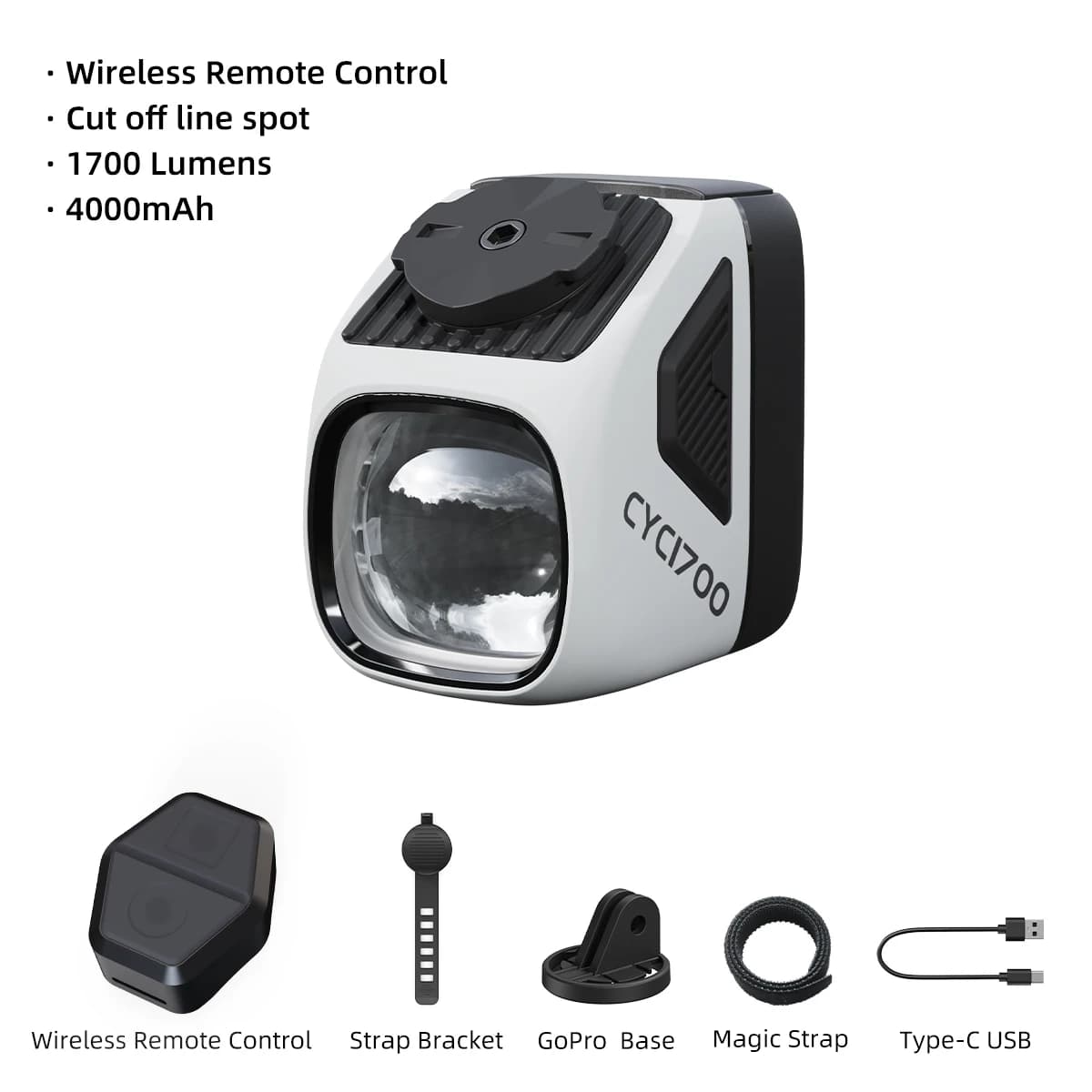 CYCLAMI CYC1700 Wireless Remote Hanging Bike Headlight High Brightness Cutoff Line Front Light 4000mAh 1700 Lumen Aluminum Alloy