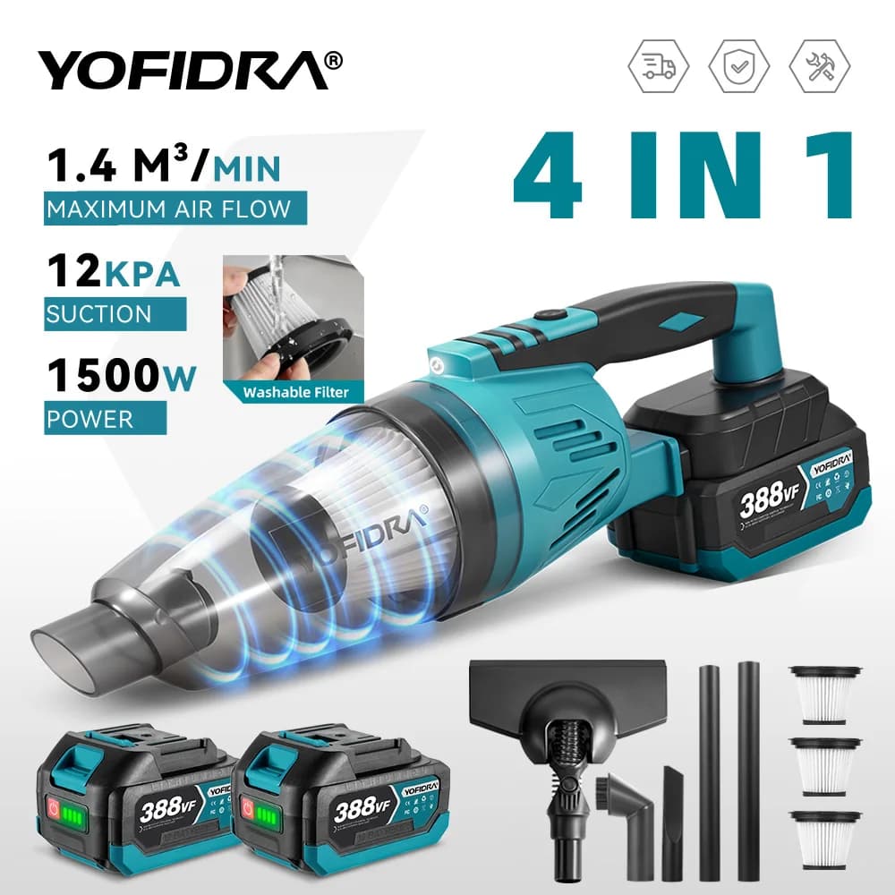 YOFIDRA 1500W 4IN1 Electric Vacuum Cleaner 12KPA Wireless Vacuum Home Car Cleaning Tools with 3pcs Filter For Makita Battery Pin