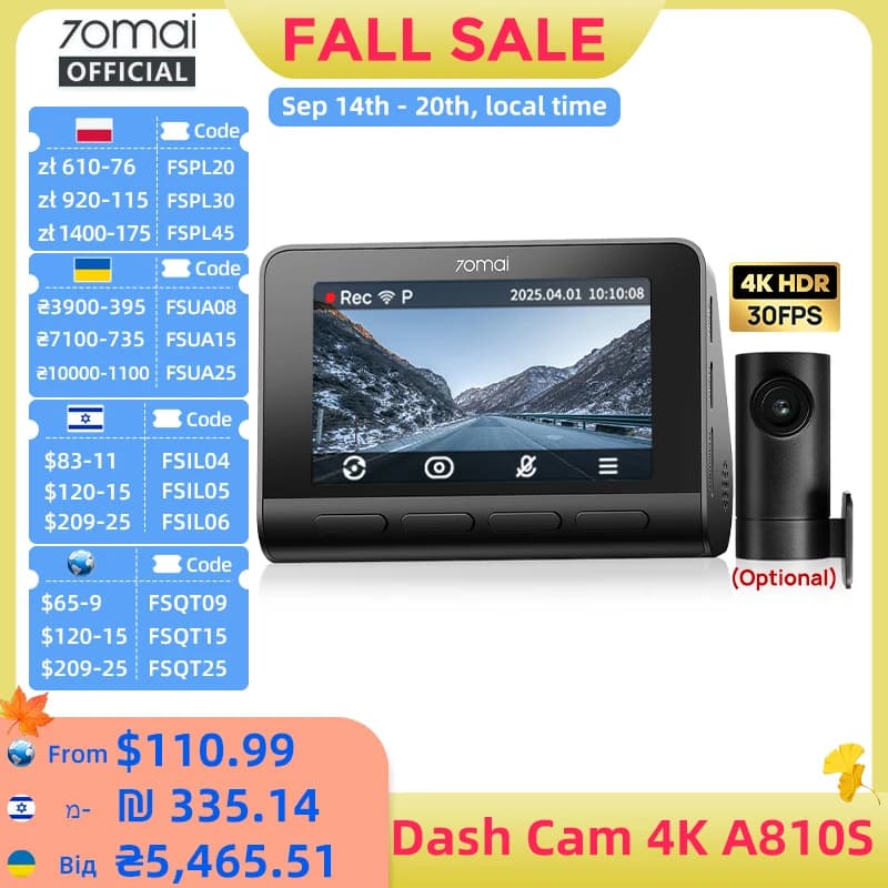 70mai Dash Cam 4K A810S HDR IMX678 Supercapacitor 4G LTE Remote Control Wi-Fi 6 Voice Control GPS ADAS Car Camera 70mai A810S