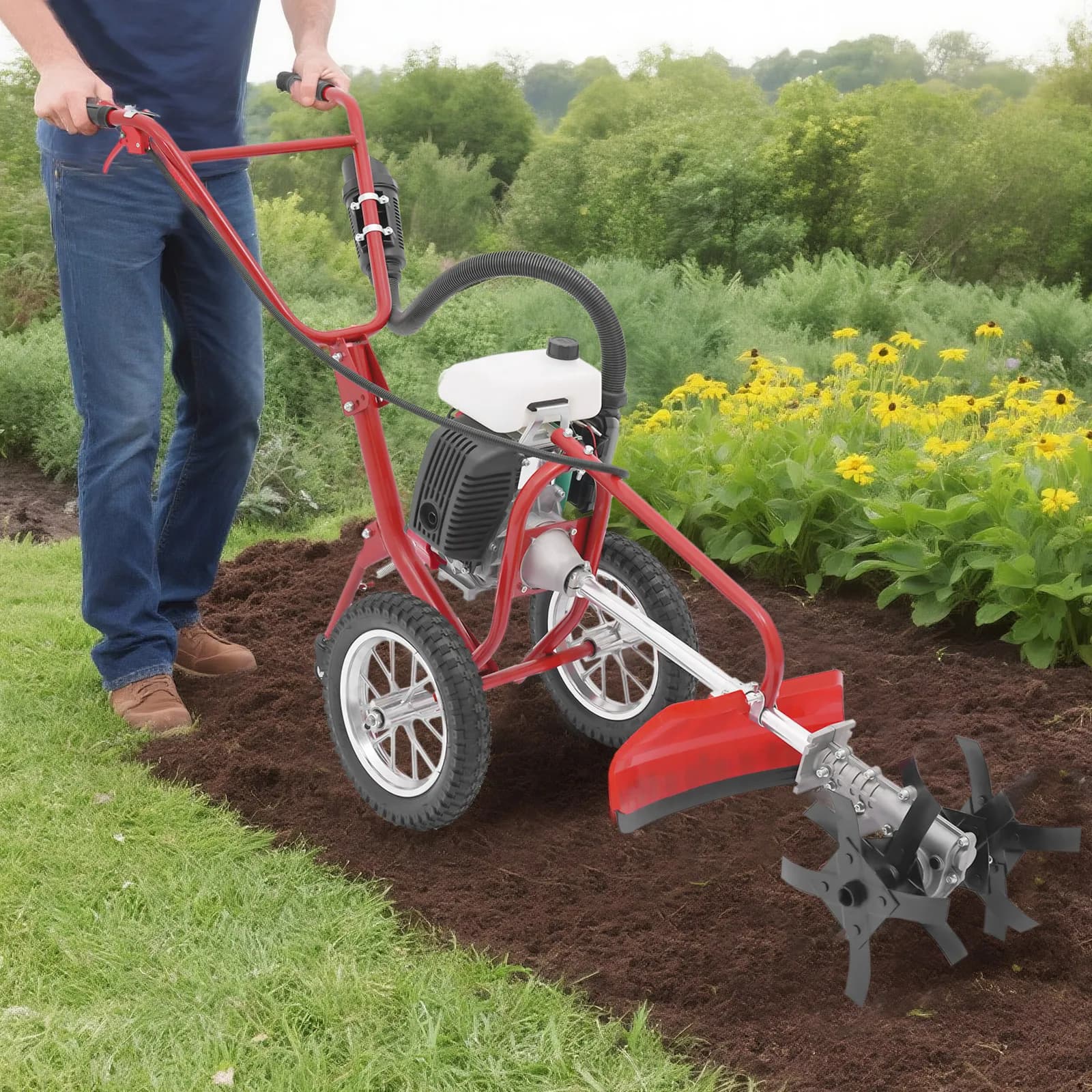 3in1 4-Stroke 4HP, Gasoline Cultivator, Electric Tiller, Mini Power Hoe, Lawn Weeder, Soil Loosener, Ditching Machine