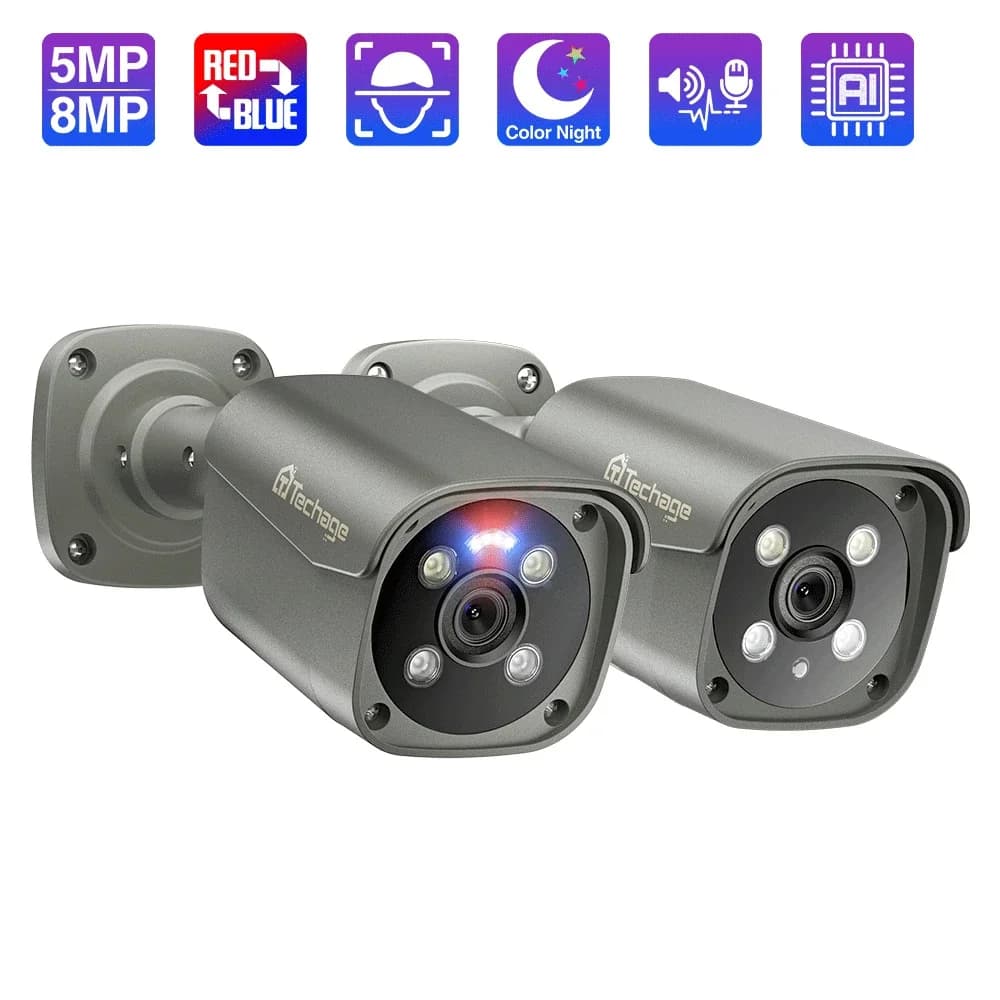 Techage UHD 4K 8MP 5MP Security POE Camera Smart AI Human Detect Outdoor Two-way Audio IP Camera CCTV Surveillance Color Night