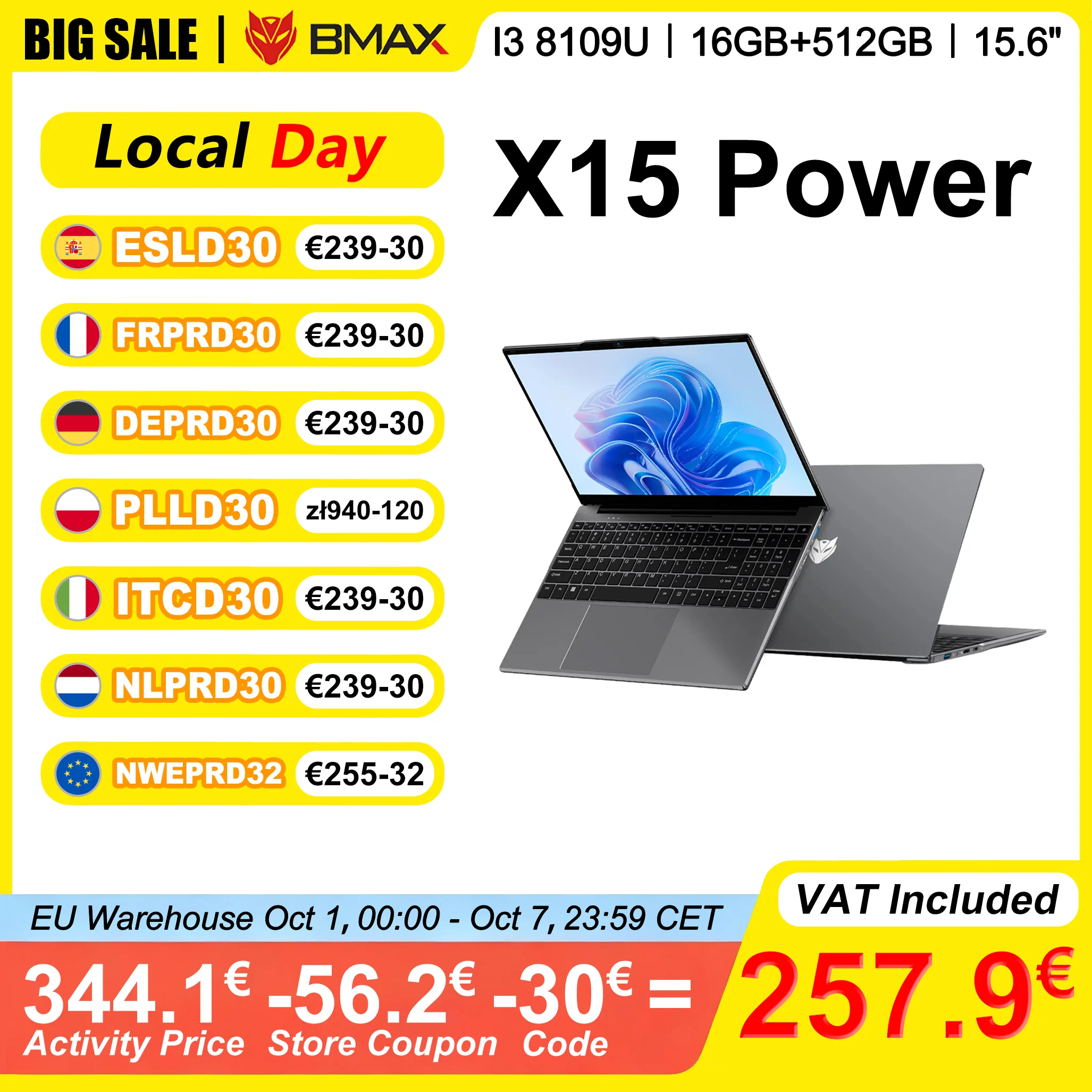 BMAX X15 Power Laptop 15.6 Inch 16GB RAM 512GB SSD Intel I3-8109U Windows 11 Notebook 1920*1080 HDMI Wifi USB PC
