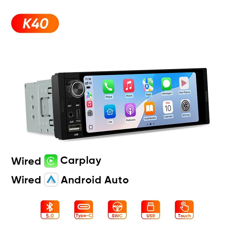 AINAVI K40 Universal 1 DIN Car Radio Carplay Wireless HD IPS Touch Screen Single Din Car Multimedia 1DIN Android Auto Type-C BT