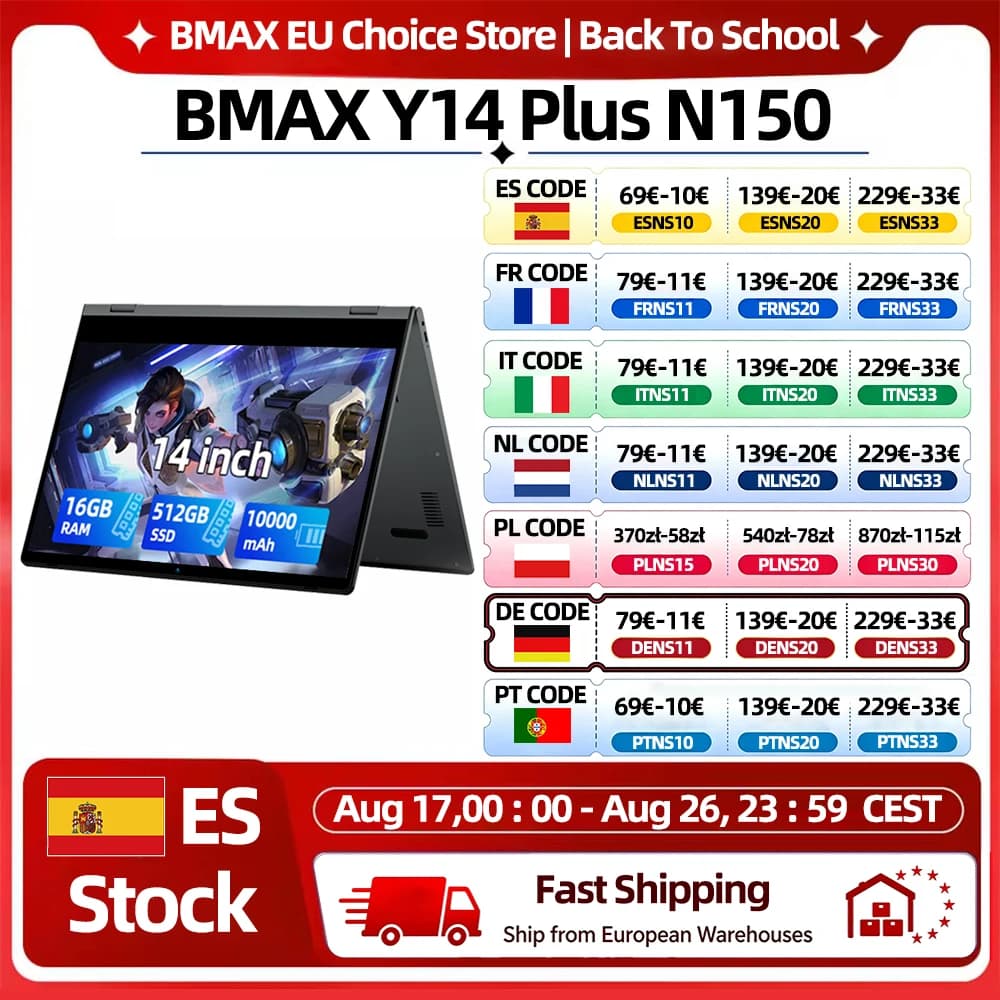 BMAX Y14 Plus Laptop Computer 14'' IPS FHD Notebook Windows 11 10000mAh Battery 16GB RAM 512GB SSD Intel N150 laptop USB Type-C Numeric Keyboard Wifi USB