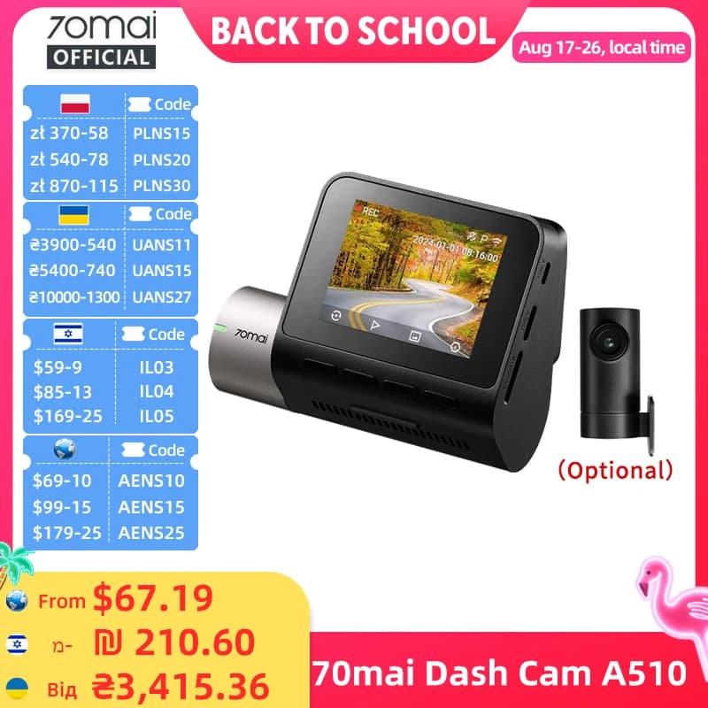 70mai Dash Cam A510 1944P HDR GPS ADAS 4G Connectivity 70mai 4G Front Cam A510 Car DVR 24H Parking Support Rear Cam