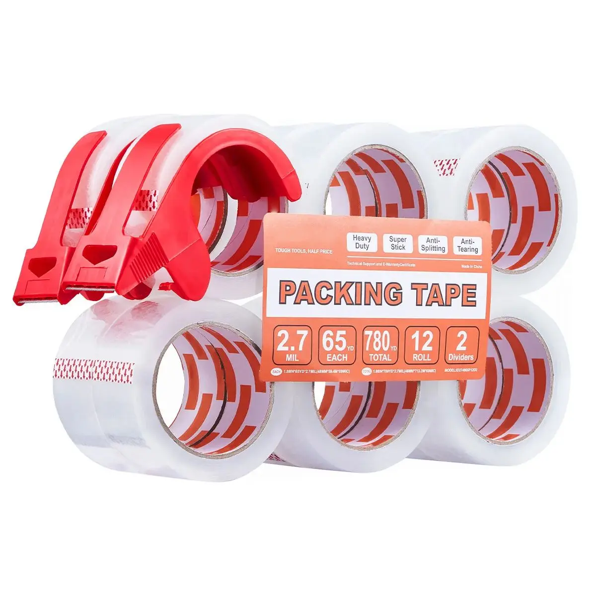 SucceBuy 12Pcs 4.7cm 59M Clear Packing Tape with 2pcs Dispenser 2.7 Mil Packaging Tape for Office Boxes Moving Storage Shipping