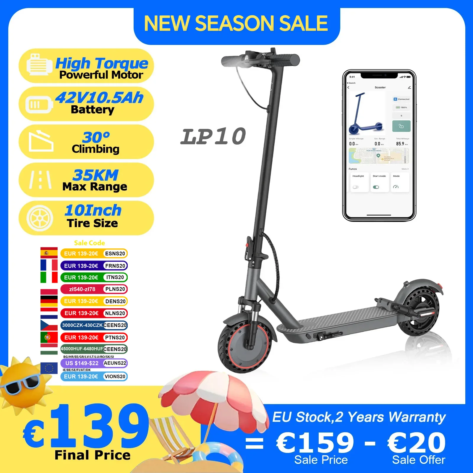 AOVOPRO LP10 Electric Scooter Powerful Motor 42V10.5Ah 30°Climbing 35KM Long Range 10Inch with Shock Absorption Smart Foldable EScooter