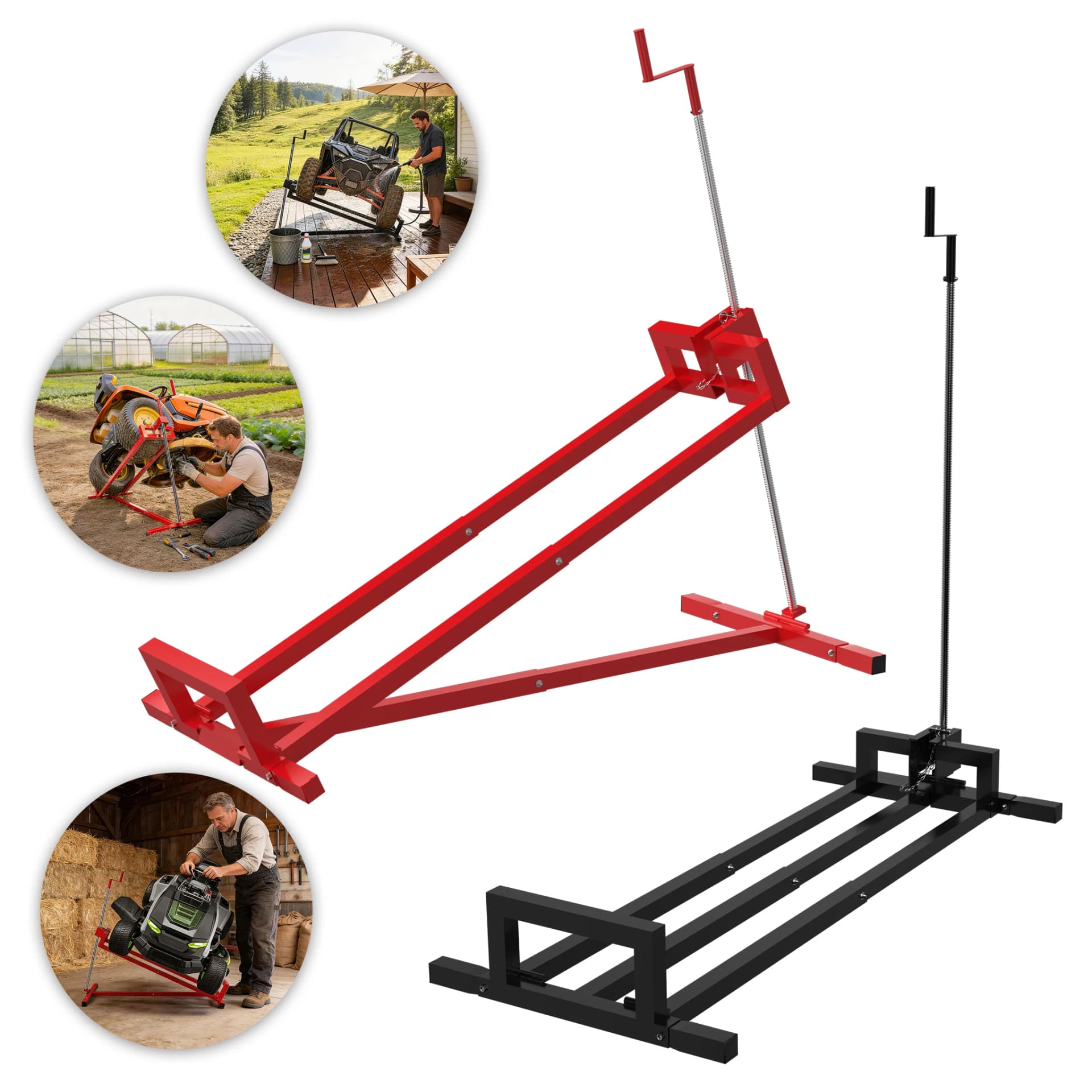 Ride-On Lawn Mower Lift Jack, 400kg Load Capacity, Adjustable Height, Heavy-Duty Steel Mower Jack for Maintenance & Cleaning