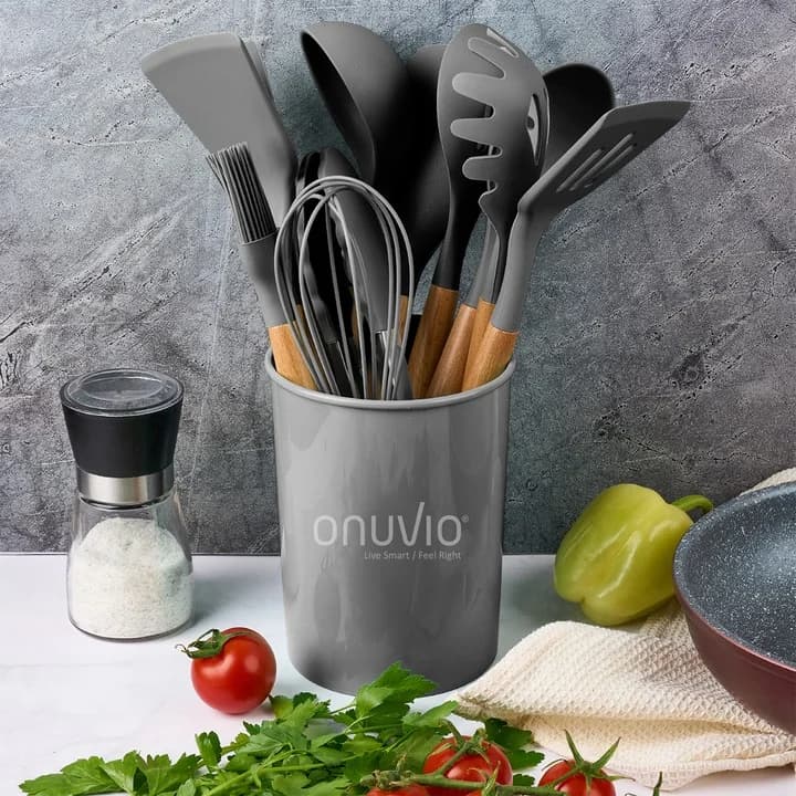 Silicone kitchen set with wooden 12 cooking tools, includes non-stick spatula, spoon, ladle, whisk and holder-perfect for baking and cooking-perfect for Christmas, Halloween, Easter, Hanukkah and thanksgiving