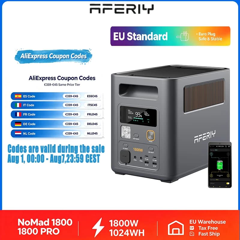 AFERIY NOMAD1800 PRO PORTABLE POWER STATION 1800W 3600W PEAK 1024WH LIFEP04 SOLAR GENERATOR EXPANDABLE TO 5120WH EMERGENCY POWER SUPPLY