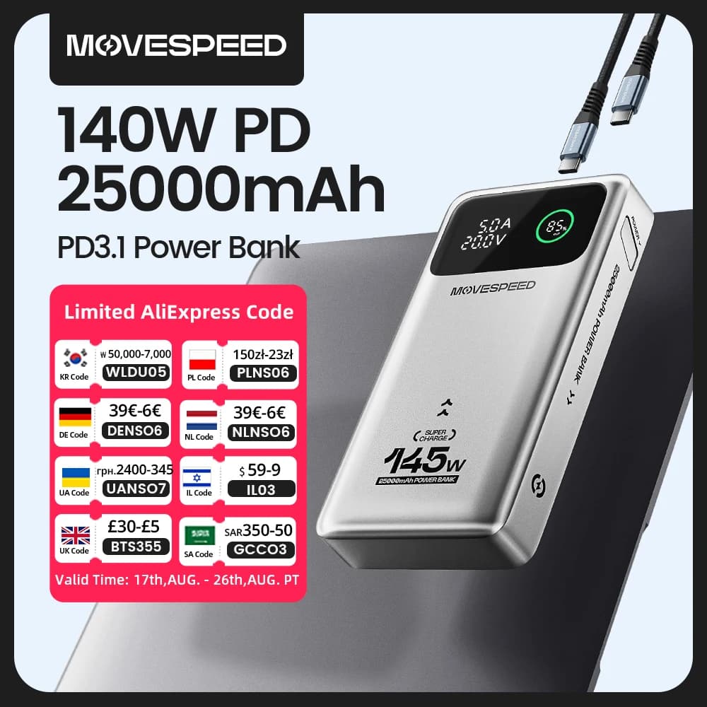 MOVESPEED M25Pro 140W Power Bank 25000mAh PD3.1 Fast Charge Portable External Battery 100W Powerbank for MacBook Notebook Laptop