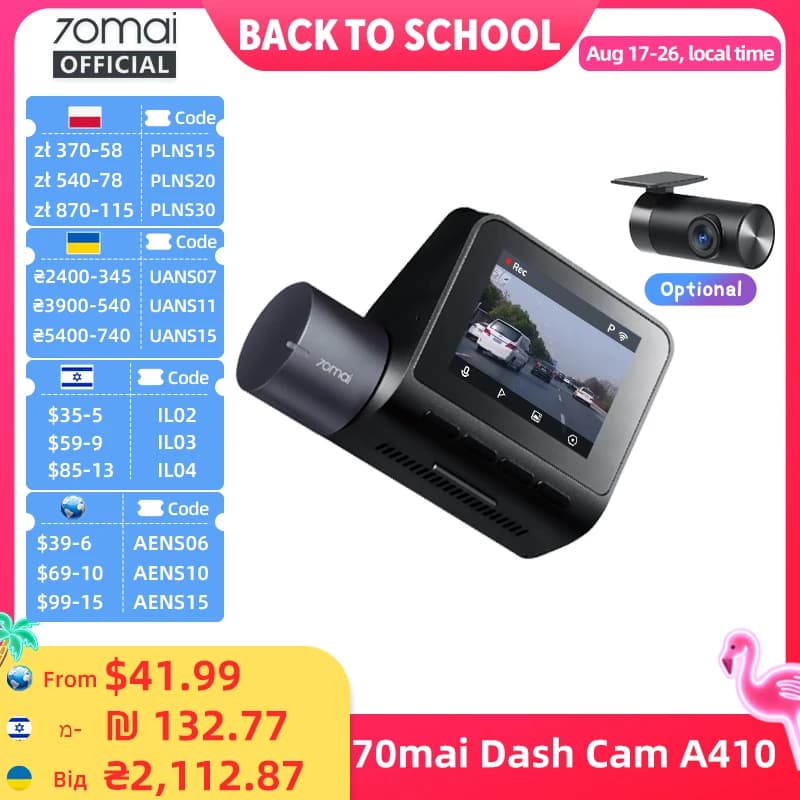 New 70mai Dash Cam A410 1440P 2.5K Image F1.55 Dual-Channel Supported GPS Night Vision 24H Parking Upgraded Ver. of 70mai A400