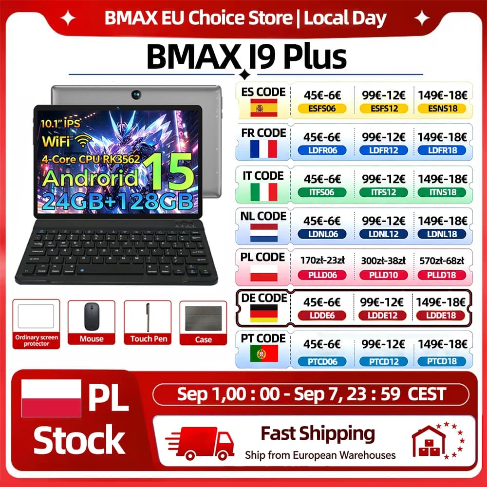 BMAX I9 Plus 10.1-inch tablet (4+20 GB RAM, 128GB ROM), Rockchip RK3562, Android 15, Wi‑Fi 6, Bluetooth 5.4, 6000 mAh, USB Type-C