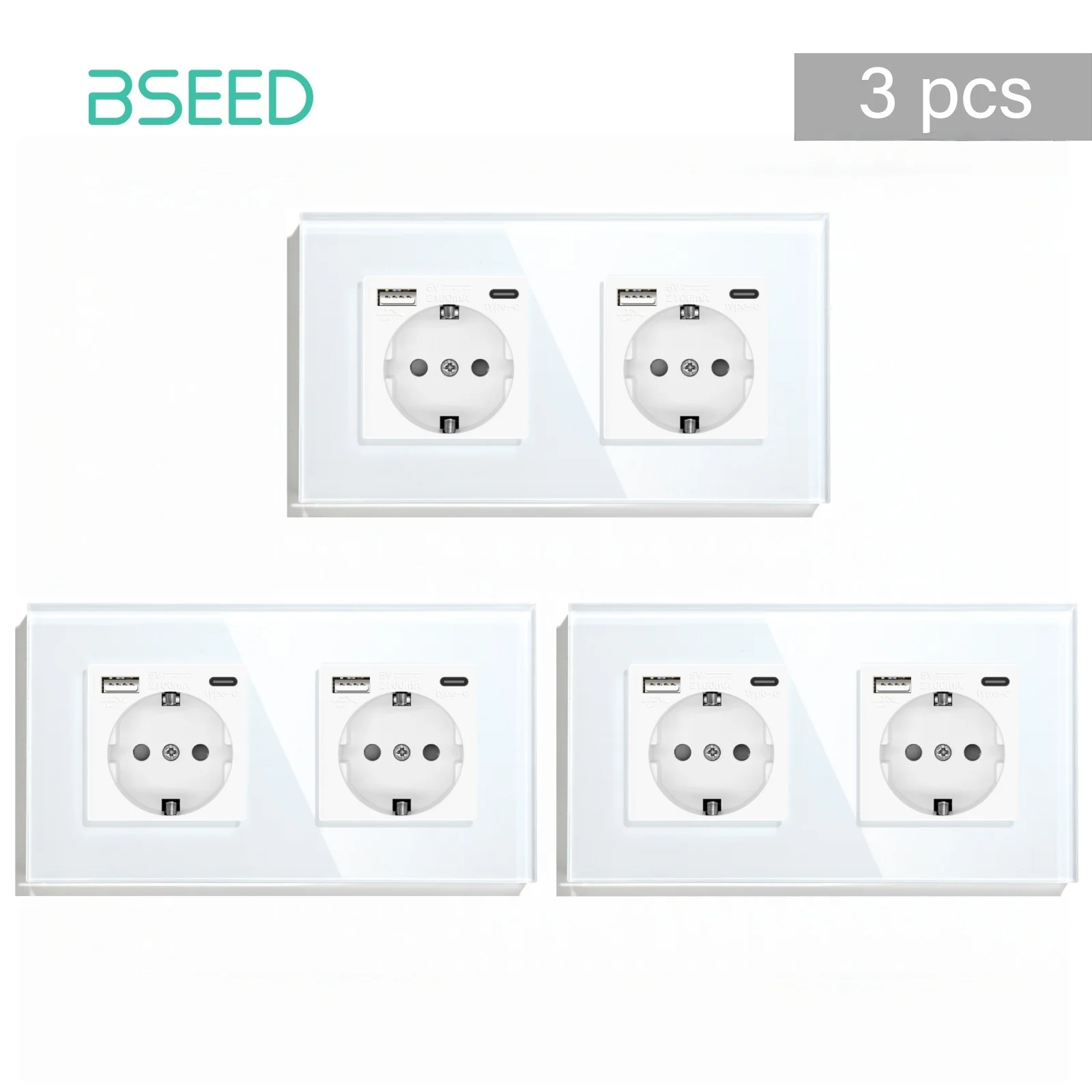 BSEED EU Standard Wall Electrical Double Sockets Type-C Outlets Wall Power USB Charge Port Glass Frame 16A 157mm