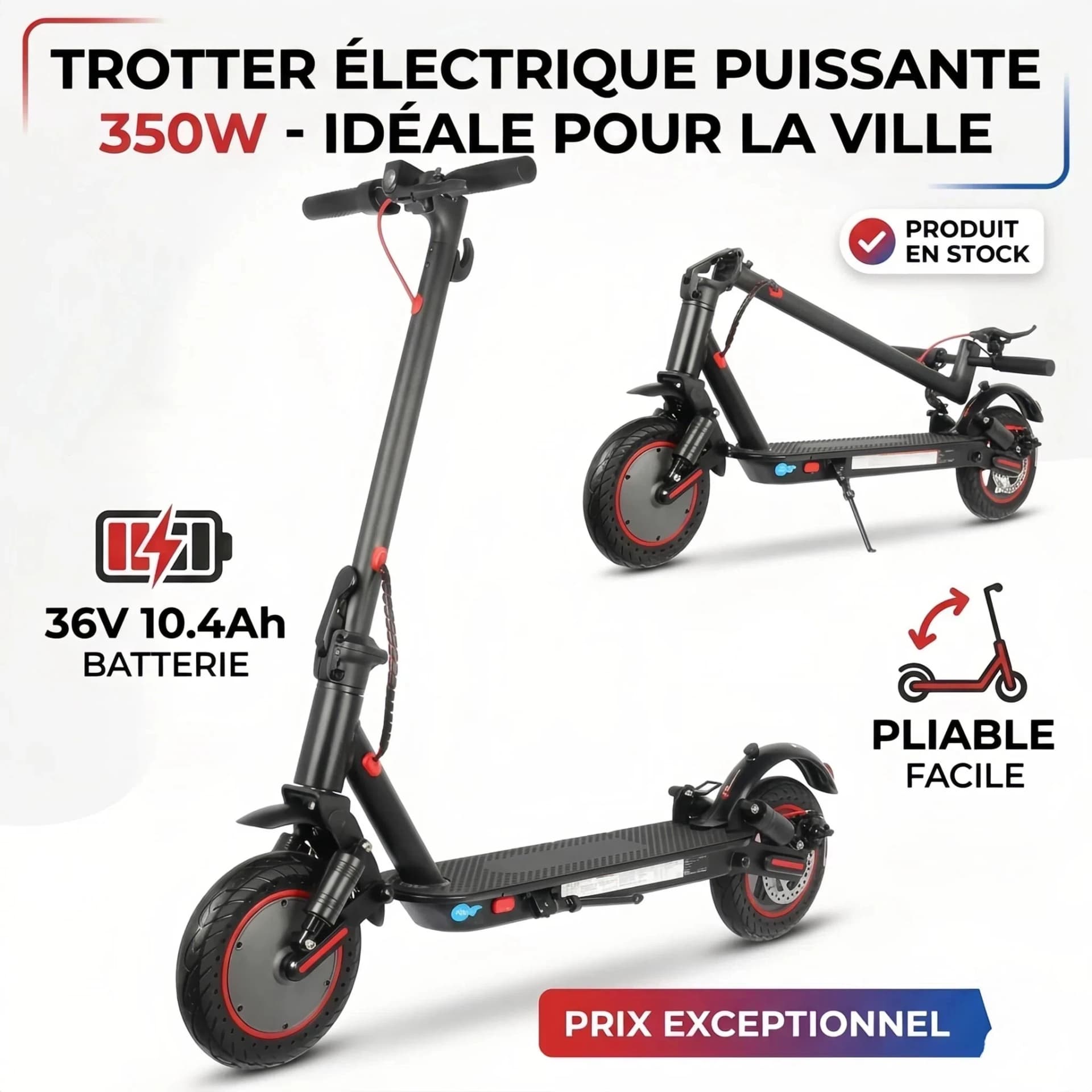 Adult electric Scooter 350W-36V 10.4Ah Lithium battery-large range 40km-10 inch tire Anti-puncture-foldable-City electric Scooter
