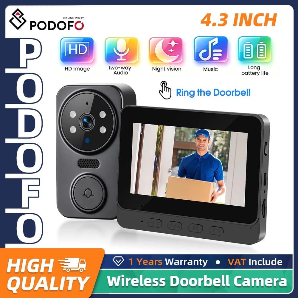 Podofo 4.3" IPS Screen Wireless Video Doorbell Night Vision Two-Way Video Intercom Door Ring Camera 1–150M Transmission Range Garage Entrance Video Security Monitor