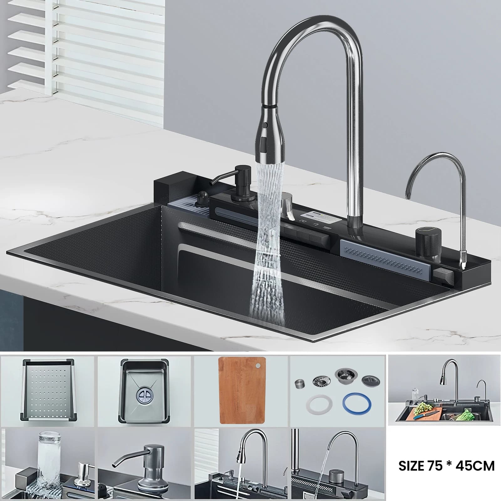 304 Stainless Steel Kitchen Sink Large Single Bowl Integrated Kitchen Sink 75x45cm Handmade Deep Basin Kitchen Wash Sink with Faucet Soap Disperser Filtered Water Tap Cup Rinser Drain Assembly Anti Scratch Rust Resistant Modern Kitchen Sink Set