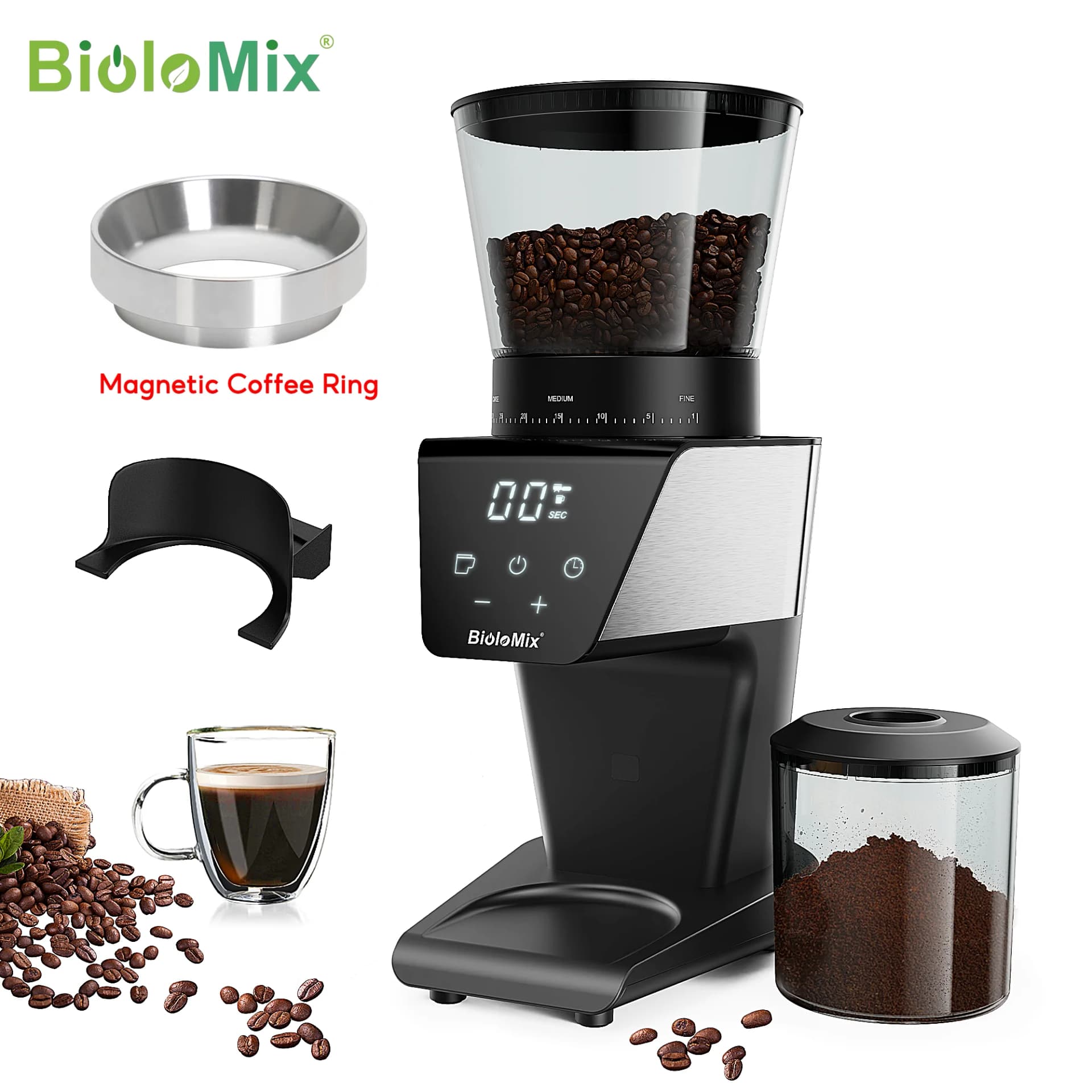 BioloMix Electric Coffee Grinder with Magnetic Ring - 30 Precise Grind Settings for Espresso, American, and Pour Over Coffee