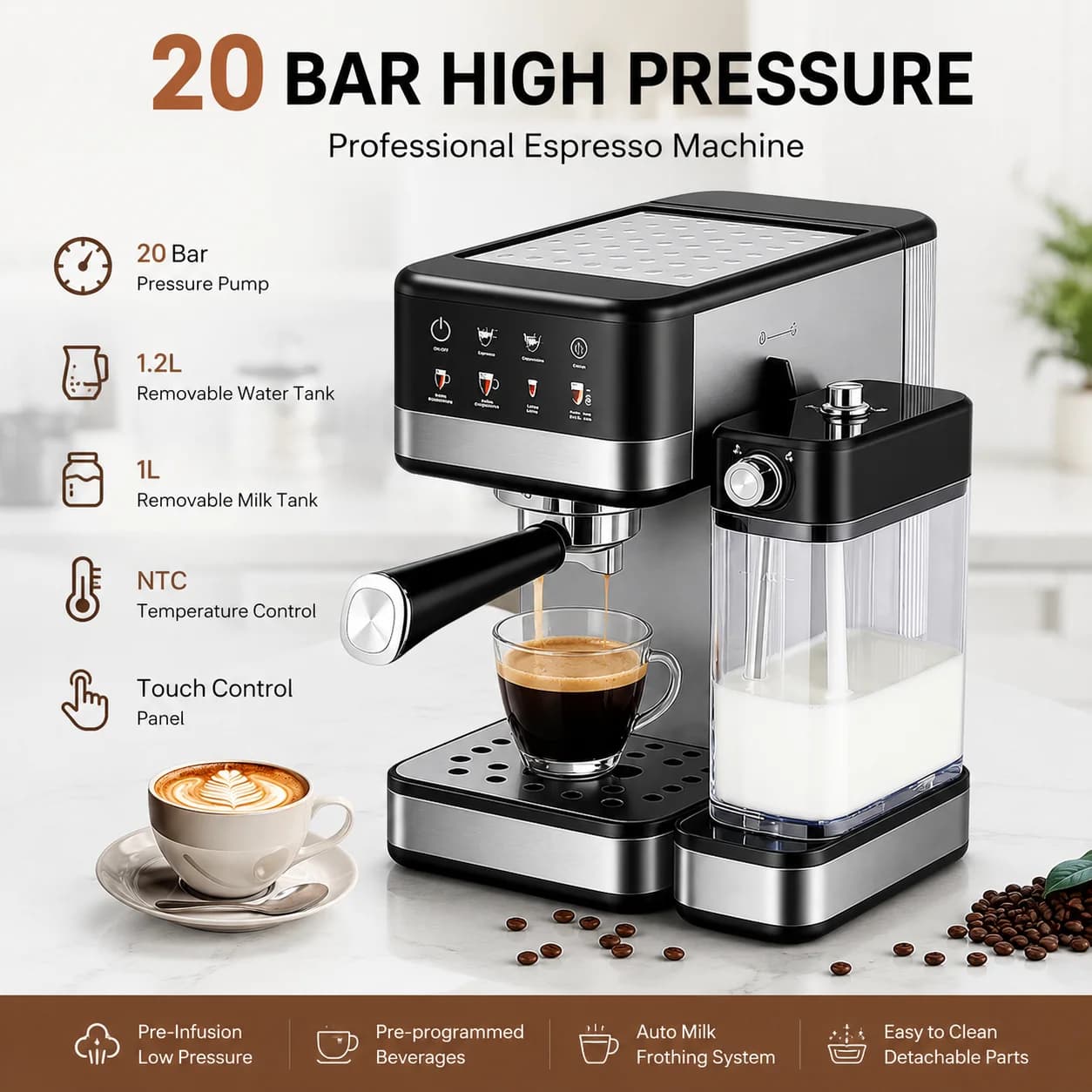 Espresso Machine with Automatic Milk Frother, 20Bar Pump, NTC Temp Control, Low-Pressure Pre-Soaking, 1.2L Tank & 1L Milk Box, Black