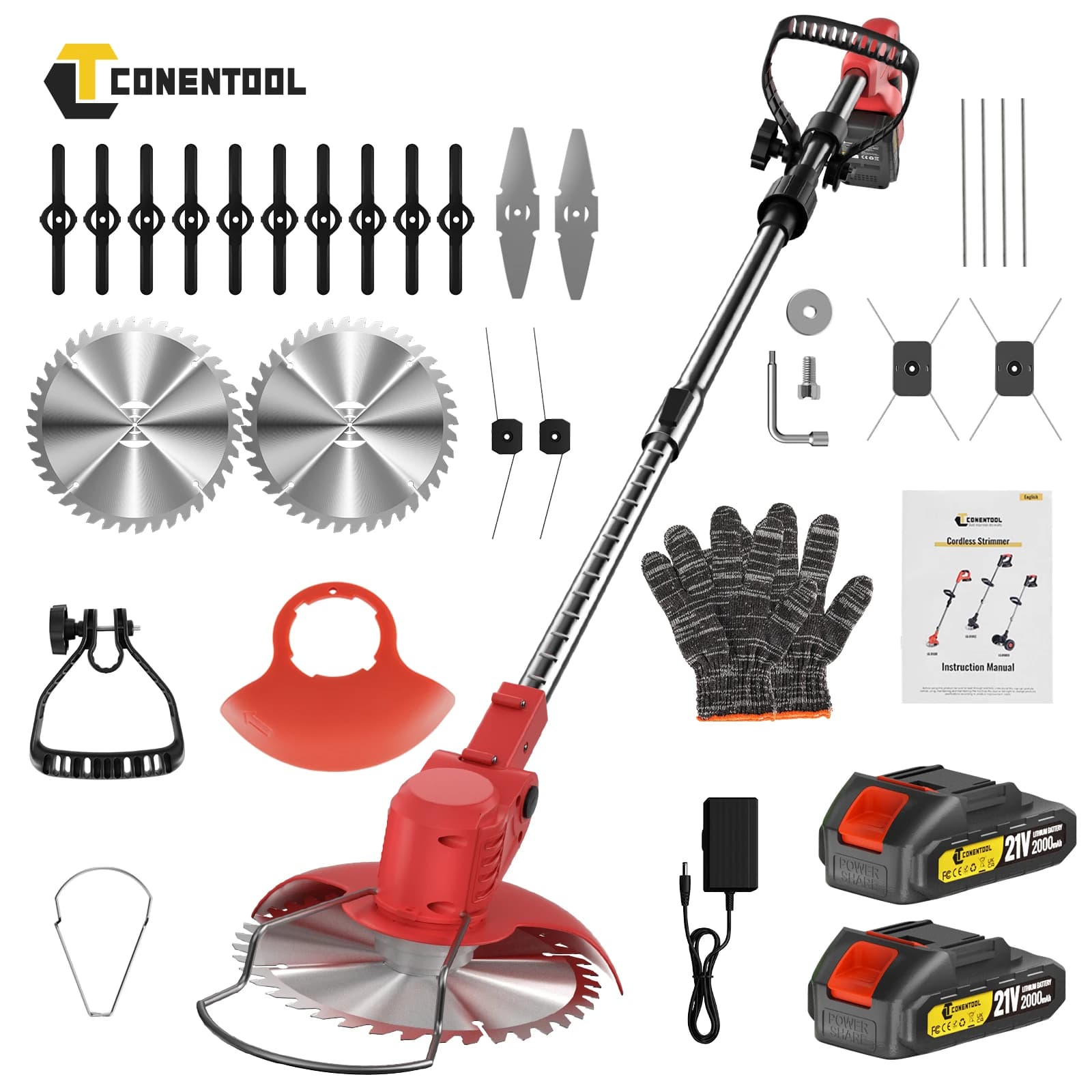 CONENTOOL 6 Inch Cordless Grass Trimmer 15000RPM Lawn Mower Foldable Adjustable Weed Eater 2x2000mAh for Makita 18V Battery Pin