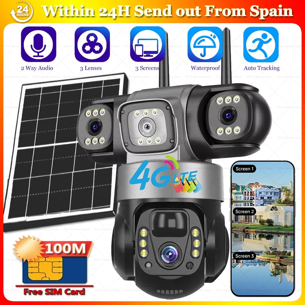 4G Solar Cameras IP Wireless Gifted SIM Carc 100M Data CCTV Camera Smart Home Security Protection 3 Lens Monitor Remote PTZ Video Surveillance Monitoring