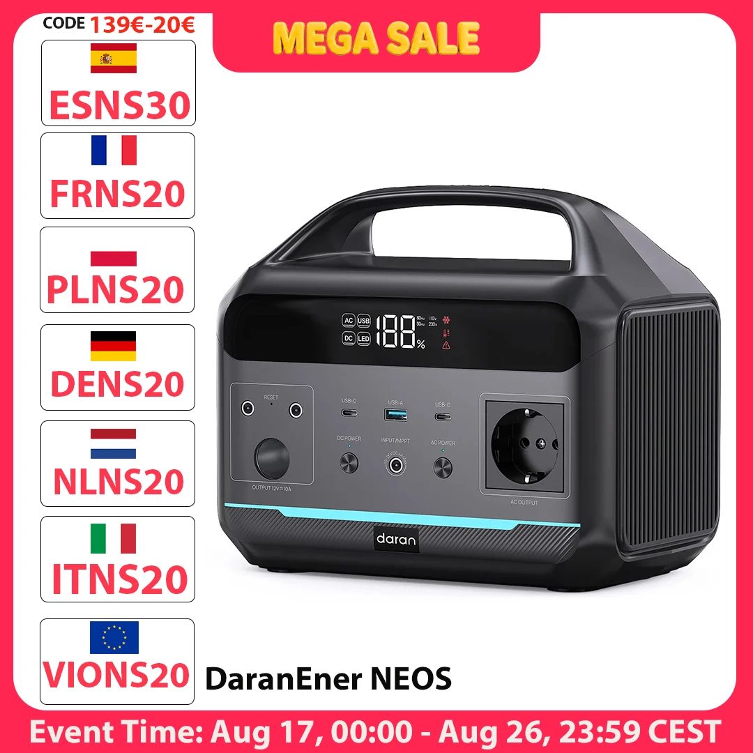 DaranEner NEOS Portable Power Station, 288Wh LiFePO4 Battery, 600W Pure Sine Wave AC Output, 1200W Surge Output, 80W Solar Input, 100W USB-C PD, Dual DC5521, 120W Car Socket, MPPT, BMS, UPS, 3500+ Cyc