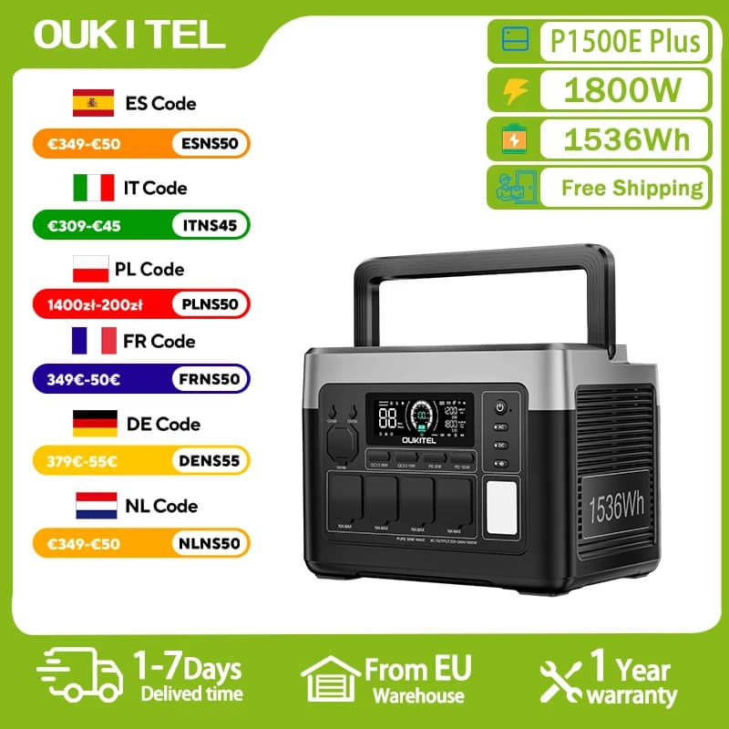 OUKITEL P1500 Plus Portable Power Station, 1800W 1536Wh Outdoor Generator, 4000 Cycles LiFePO4, APP Control