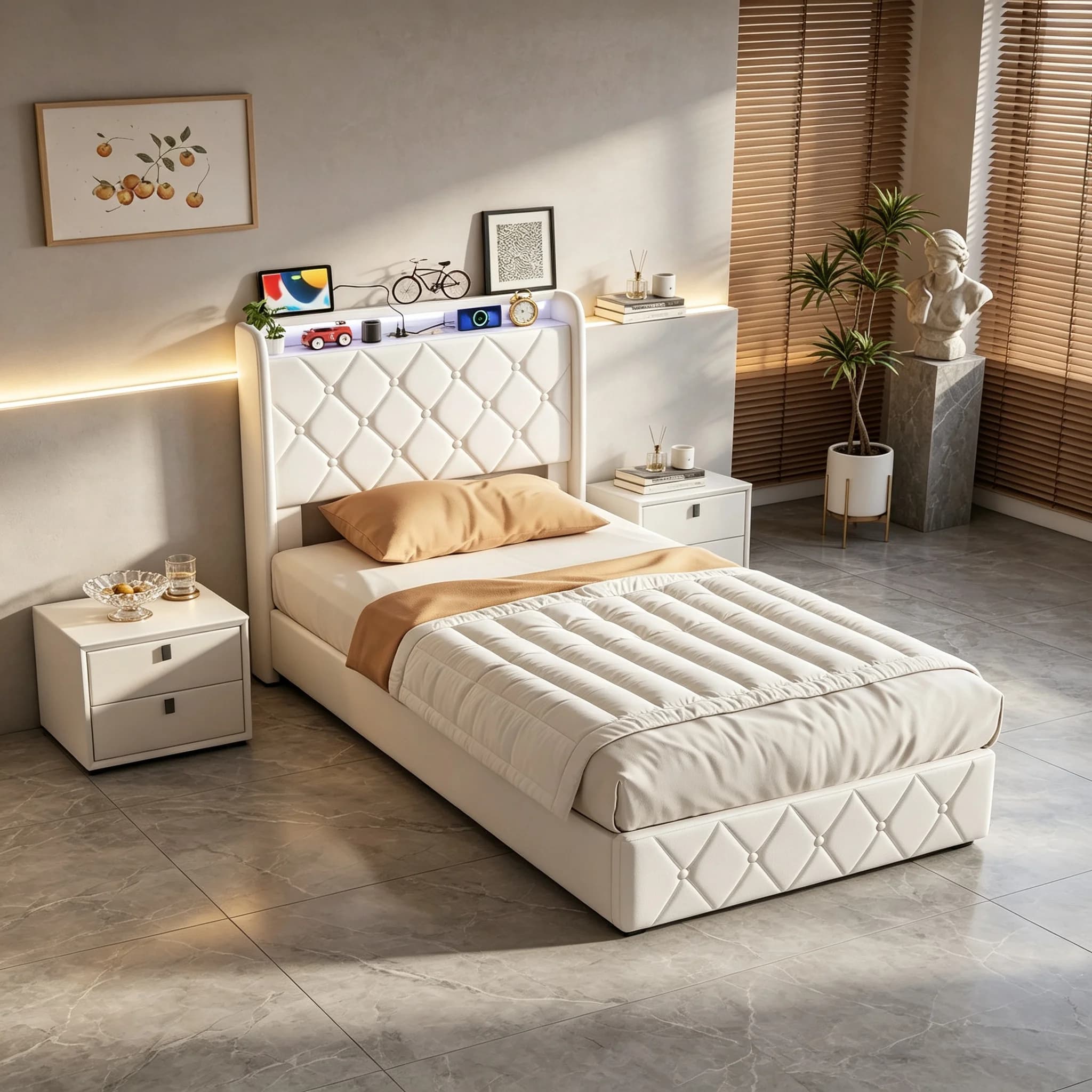 Fangange Upholstered Bed 90 x 200 /140 x 200 cm with LED & USB Charging Station，Single Bed with Velvet Padded Headboard ，Hydraulic Storage Space and Metal Frame，Double Bed，Velvet,Beige/Gray，No Mattress