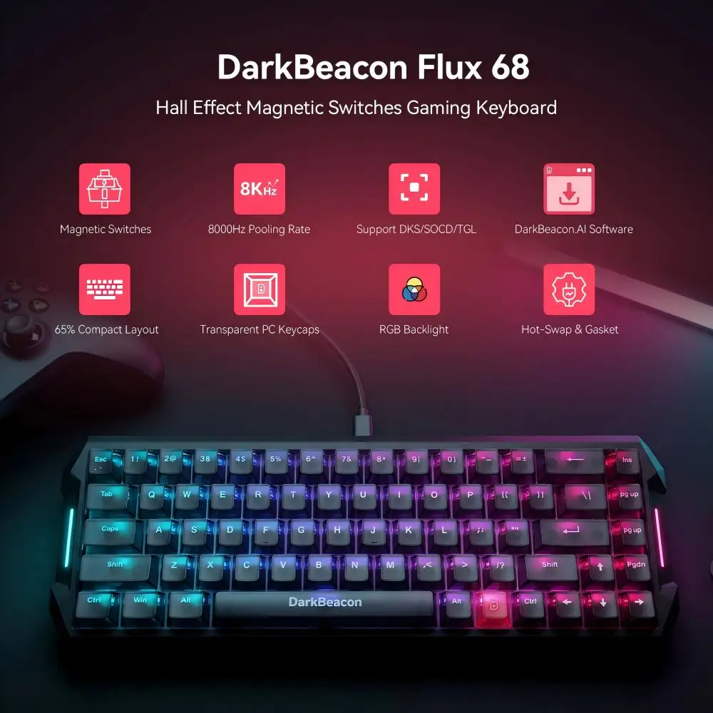 DarkBeacon Flux 68 HE Gaming Keyboard 65%, Hall Effect Magnetic Switch, Wired Mechanical Keyboard with 0.01mm Fast Trigger, Adjustable Actuation, Hot-Swap, 8K Hz Polling, RGB Backlit for Laptop PC