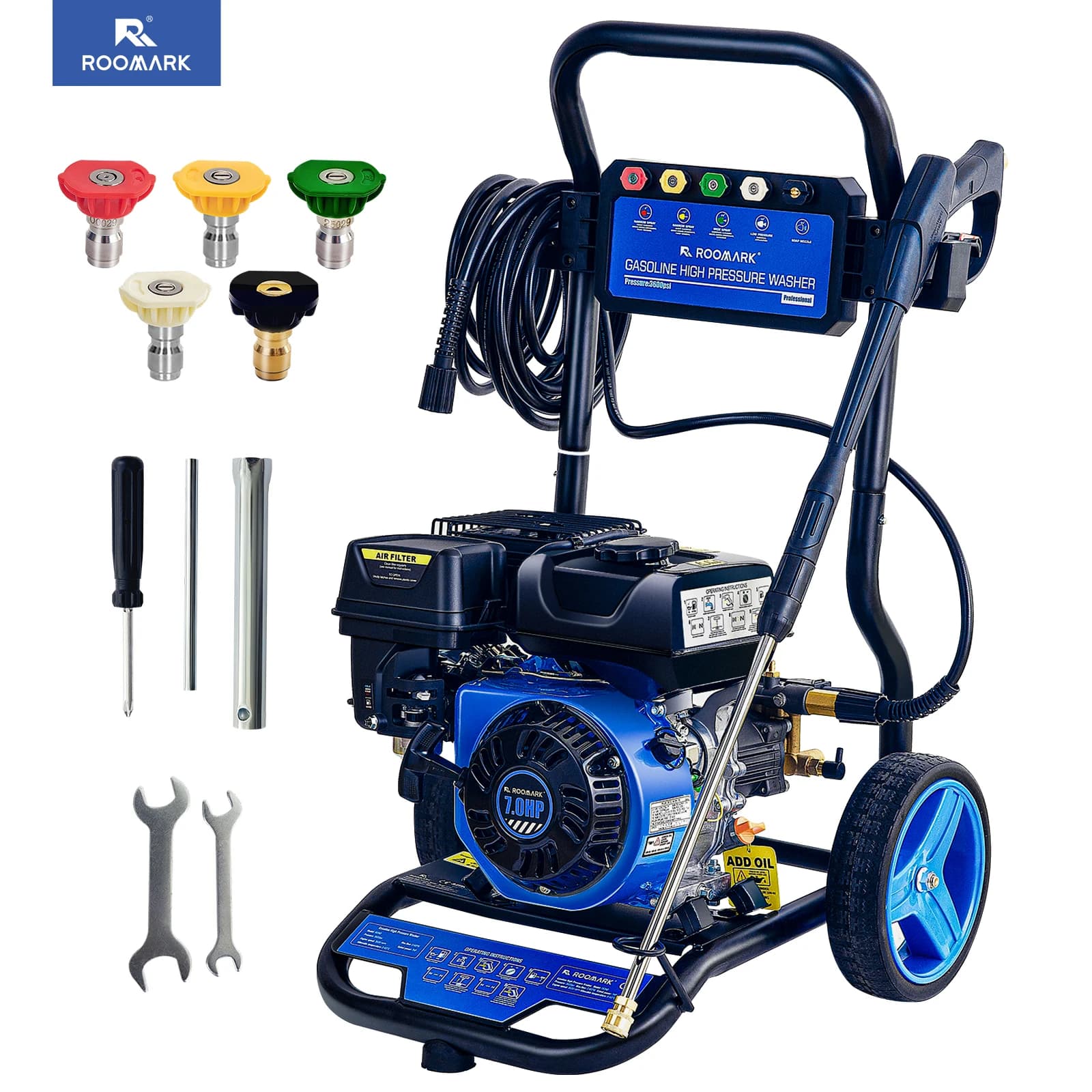 ROOMARK 3600 PSI Pressure Washer, 2.6GPM Electric Powered Washer w/ 26ft Hose 5 Nozzles Soap Cannon for Car House Patio Cleaning