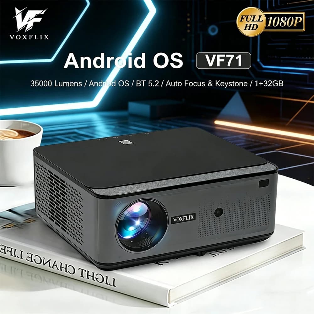 VOXFLIX VF71 1080P Projector 2500ANSI Full HD Support 4K Decoding Android 9 WiFi6 Auto Focus Home Cinema Smart LCD Beamer