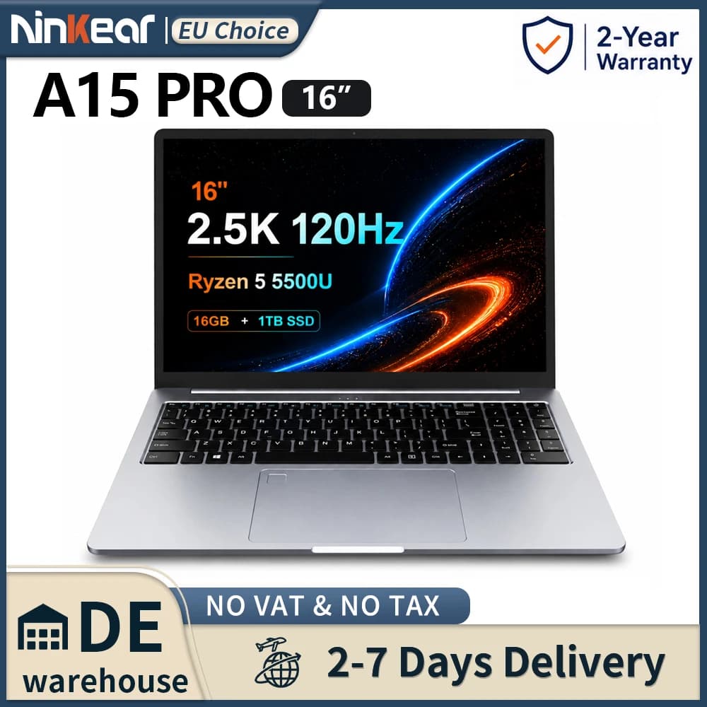 Ninkear A15 Pro Laptop 16GB 1TB AMD Ryzen 5 16 inch 120Hz 2560*1600 Display Screen Fingerprint Unlock Notebook Computer