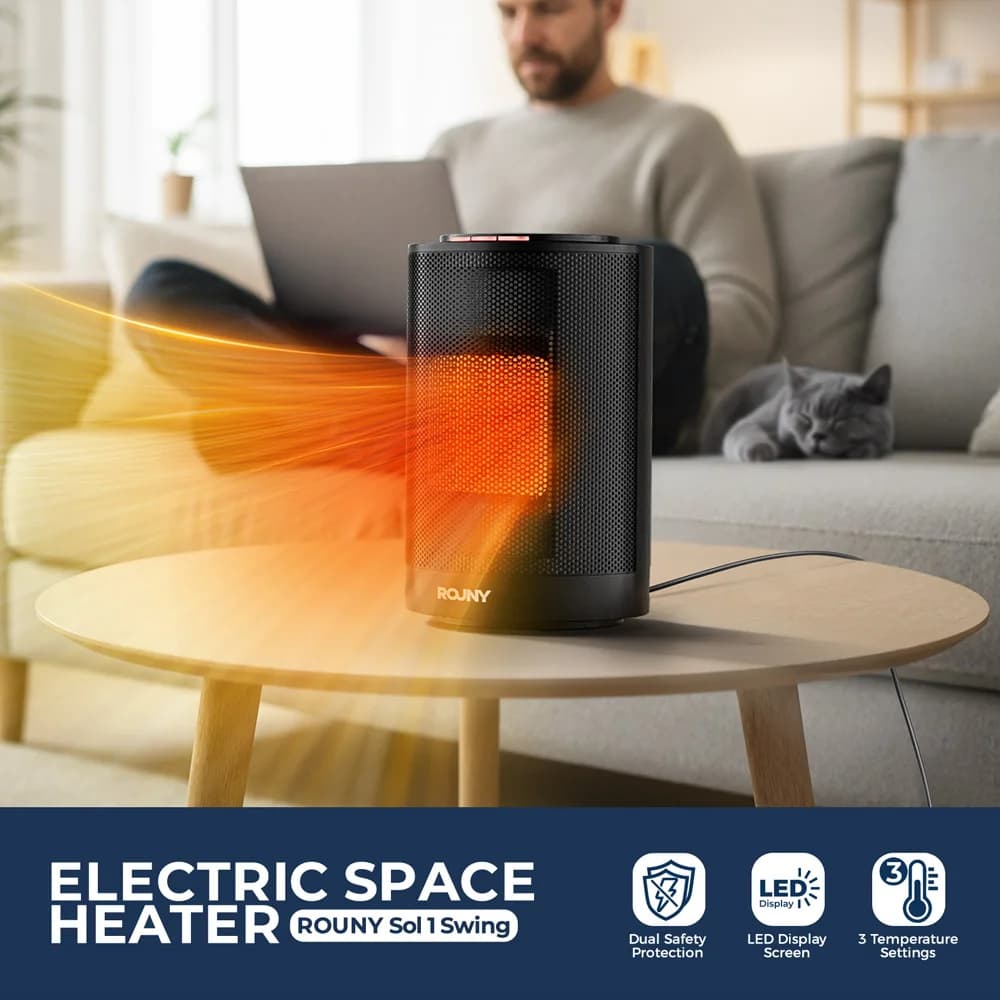 ROUNY Portable PTC Ceramic Space Heater, 1200W Desktop Fan Heater, 1s Fast Quiet Heating for Bedroom Office Indoor Use, Black